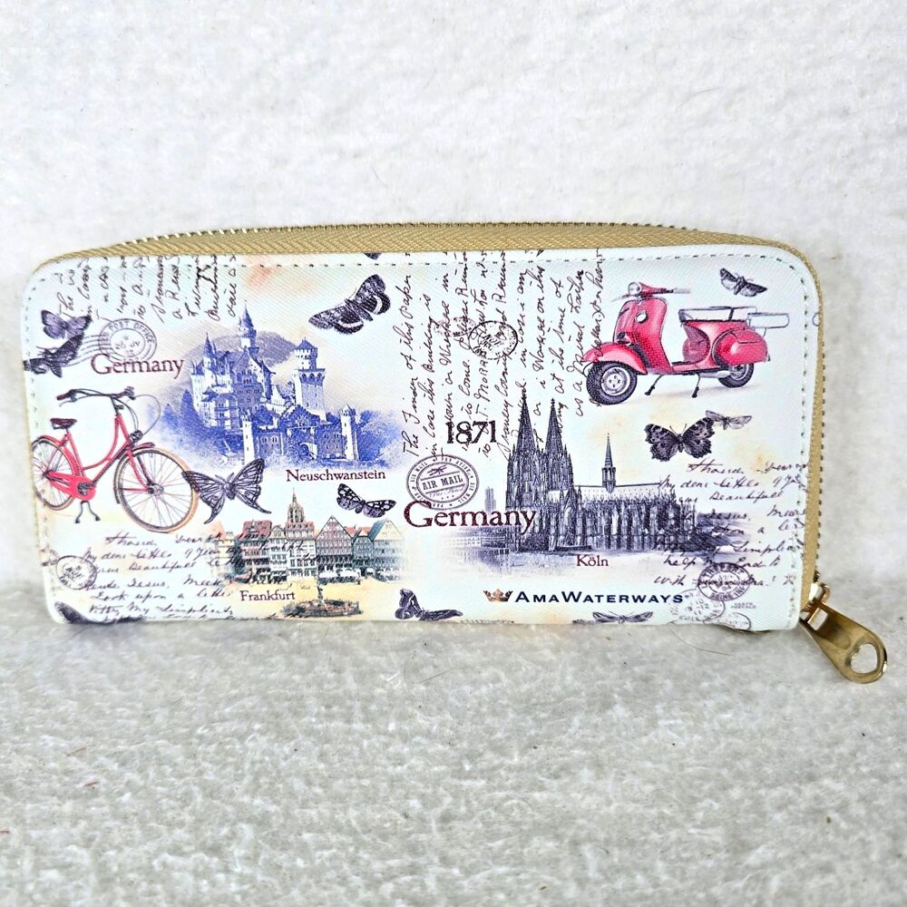 AmaWaterways Germany Travel Graphic Print Zip-Around Wristlet Wallet White